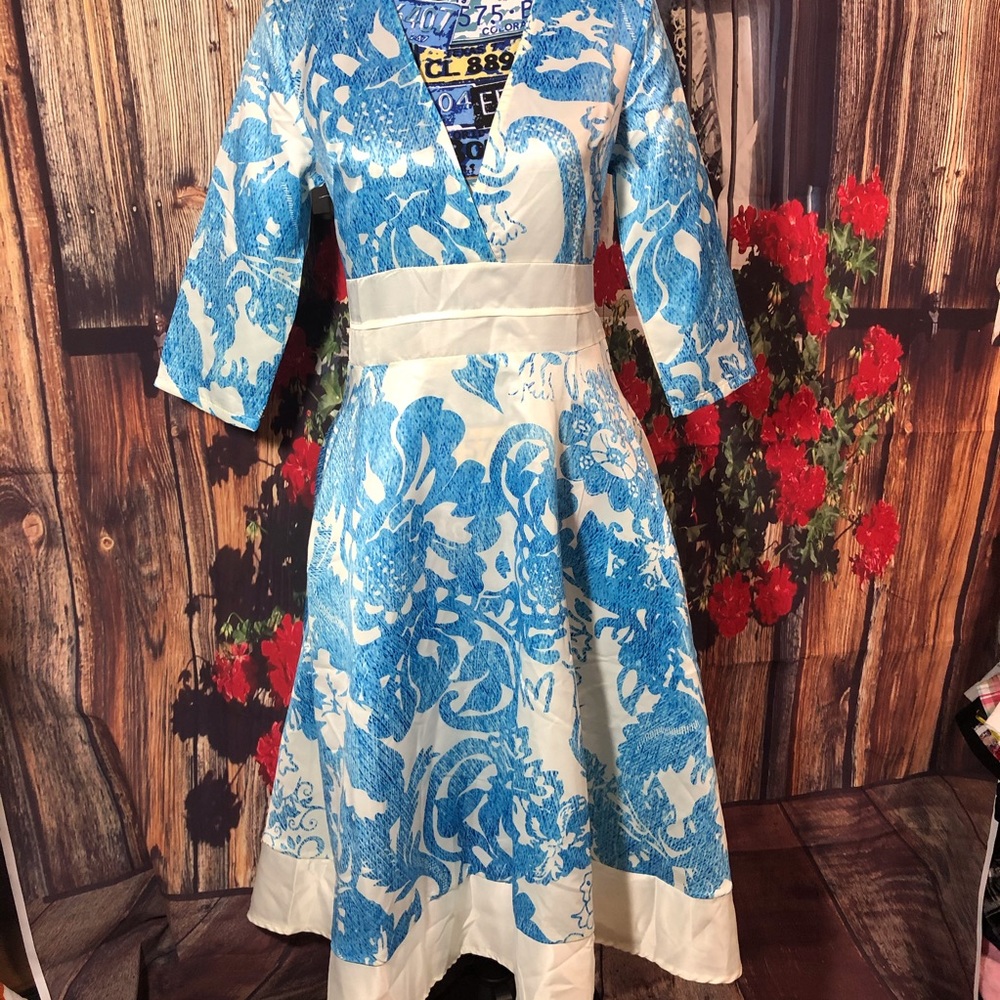 NWT- Beautiful blue and white satin Tea Dress